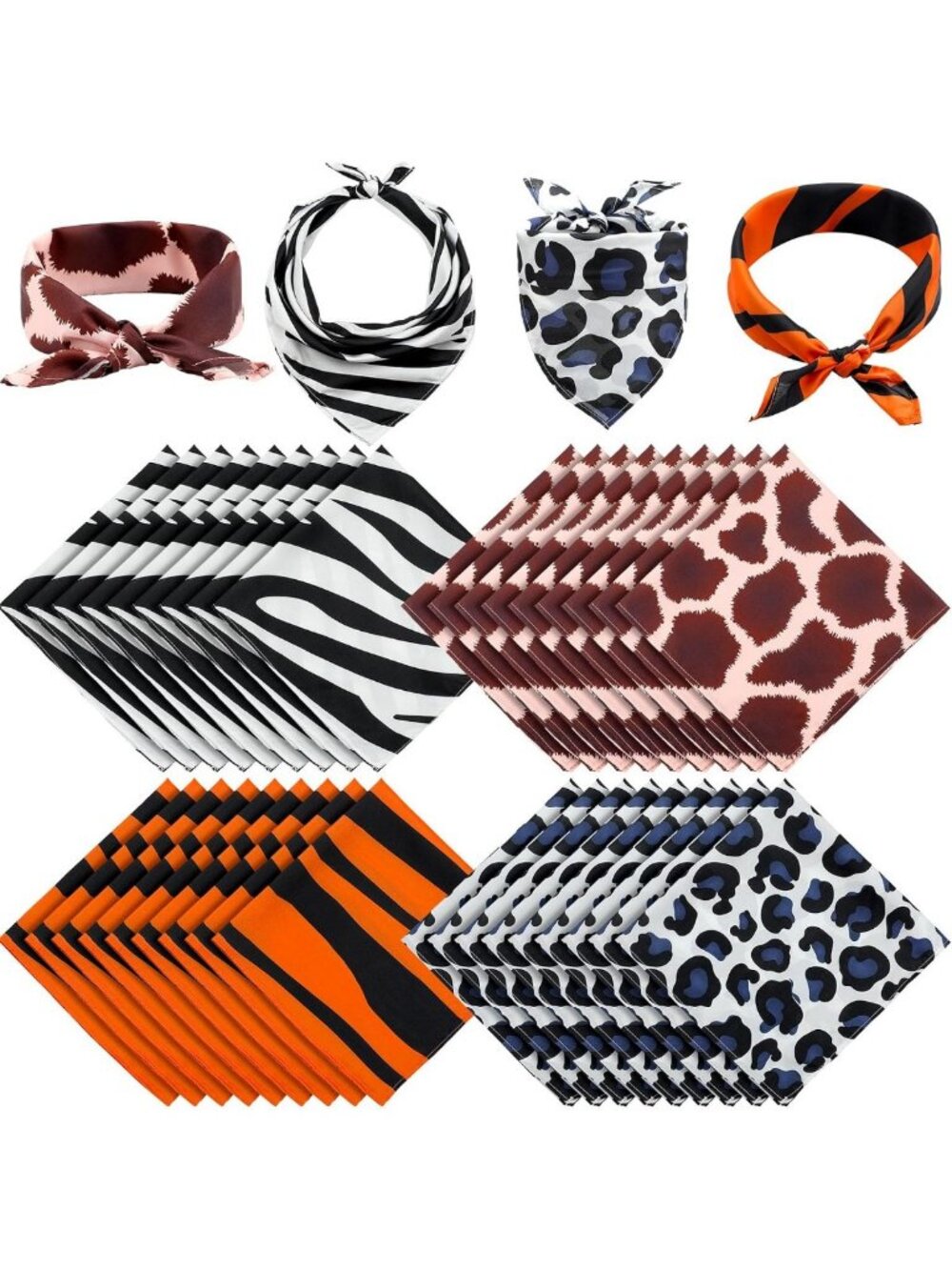 36 Pcs Animal Print Bandanas - 4 Stylish Designs, 20x20 Inch Head Scarves
